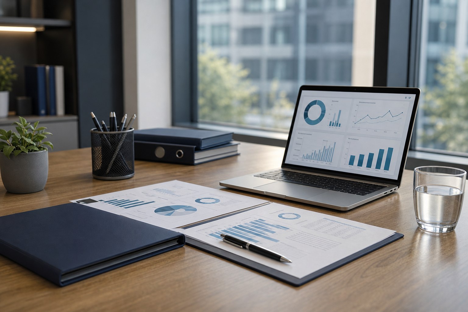 Bureau met laptop, rapportages en administratiemappen